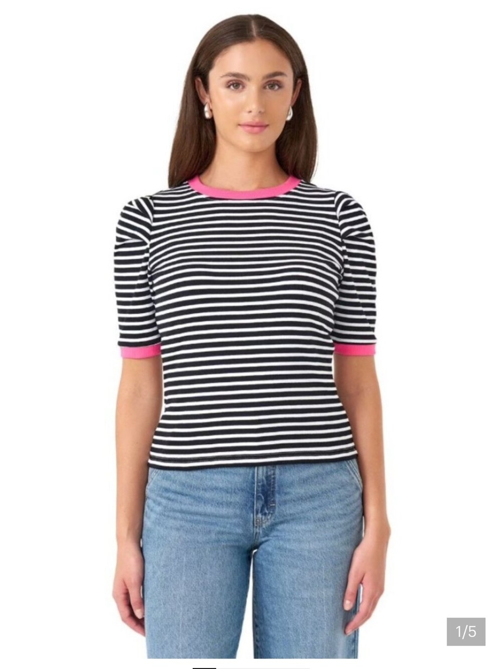 Rebecca Minkoff Black & White Striped Puff Sleeve Top with Pink Trim XXL
